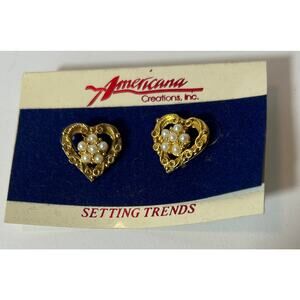 Vintage Americana Creations Heart Earrings with Faux Pearls – Gold-Tone Filigree